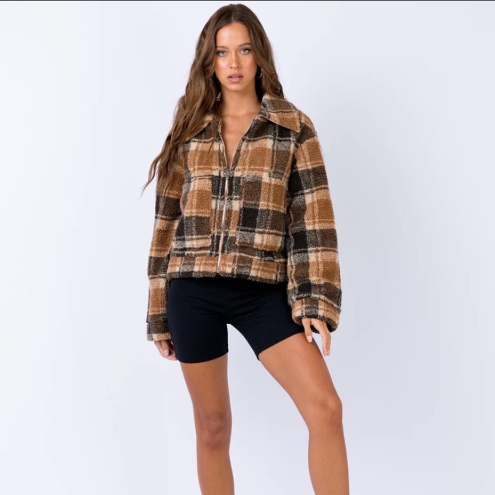 Brown Plaid Fleece Coat